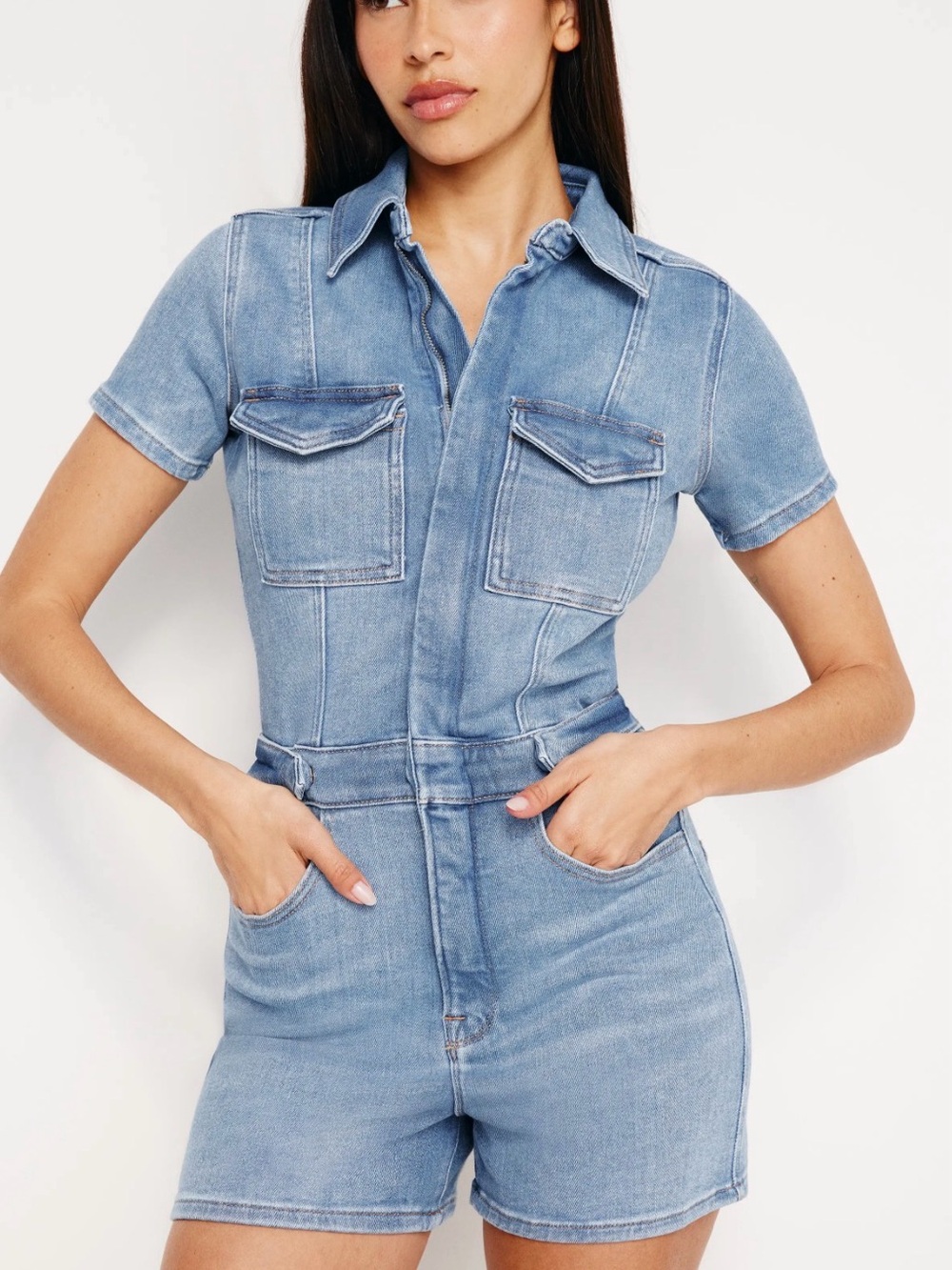 Good American Fir for Success Light Blue Denim Short Overalls Romper